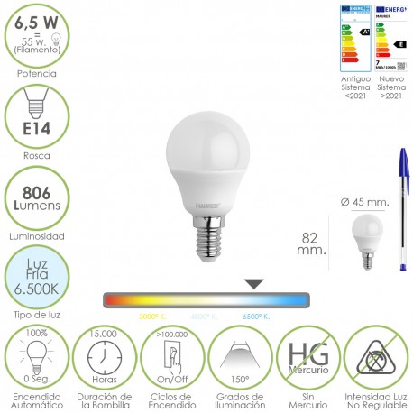 Bombilla Led Esfera Rosca E14. 6.5 Watt. Equivale A 55 Watt. 806 Lumenes. Luz Fría 6500º K.