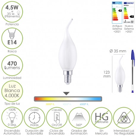 Bombilla Led Filamento Vela Llama Esmerilada E14. 4,5 Watt. Equivale A 35 Watt. 470 Lumenes. Luz Neutra 4000º K.