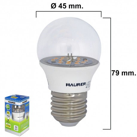 Bombilla Led Esferica Transparente Rosca E27 5 W.= 40 W. 470 lúmenes.Luz calida. (3000°K).